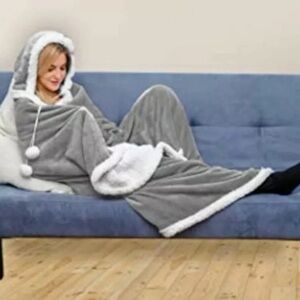 Home Maison gray fleece Gigi hooded throw with pockets NWT